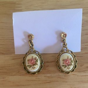 Vintage Floral Cameo Rose Dangle Earrings